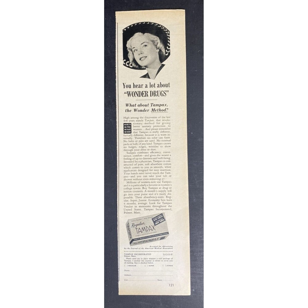 Tampax Sanitary Napkin "The Wonder Method?" Vintage Print Ad 1951